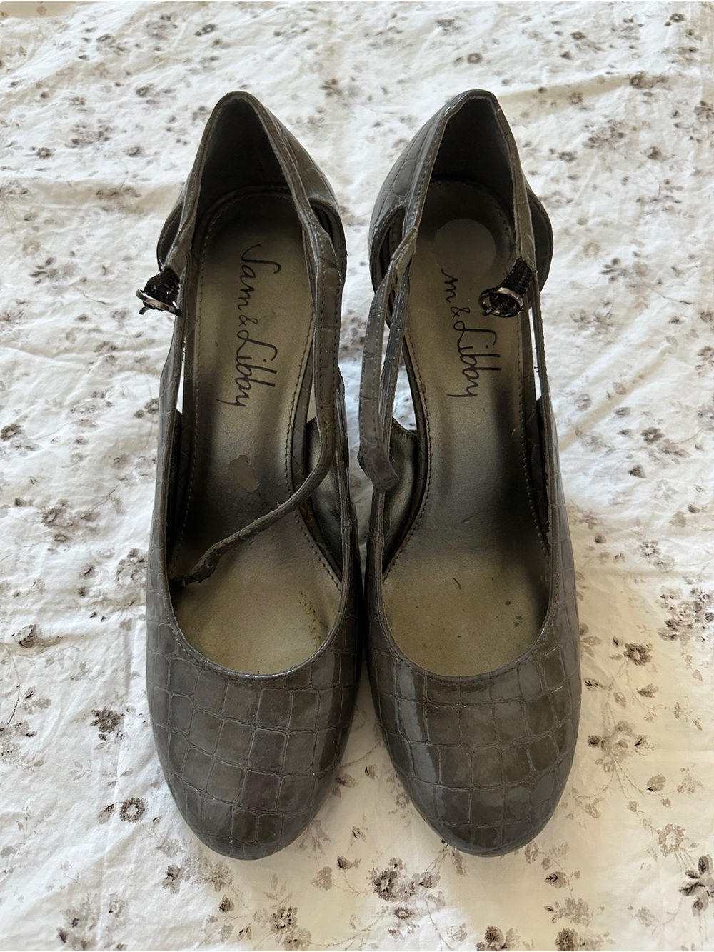 Sam & Libby Gray Croc-Embossed Mary Jane Heels